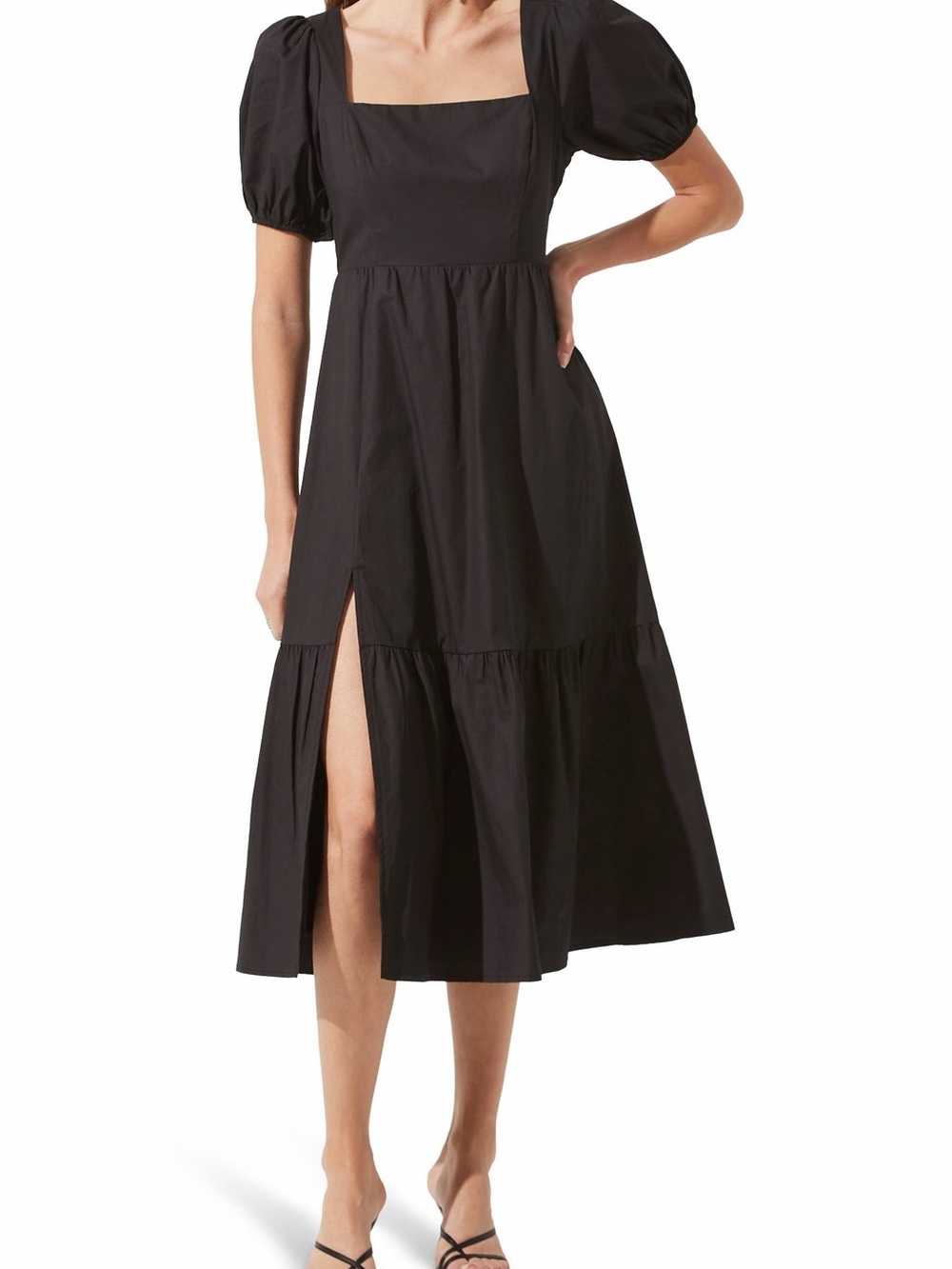 ASTR Black Poplin Puff-Sleeve Square Neck Tiered Side Slit Midi Dress Women’s M